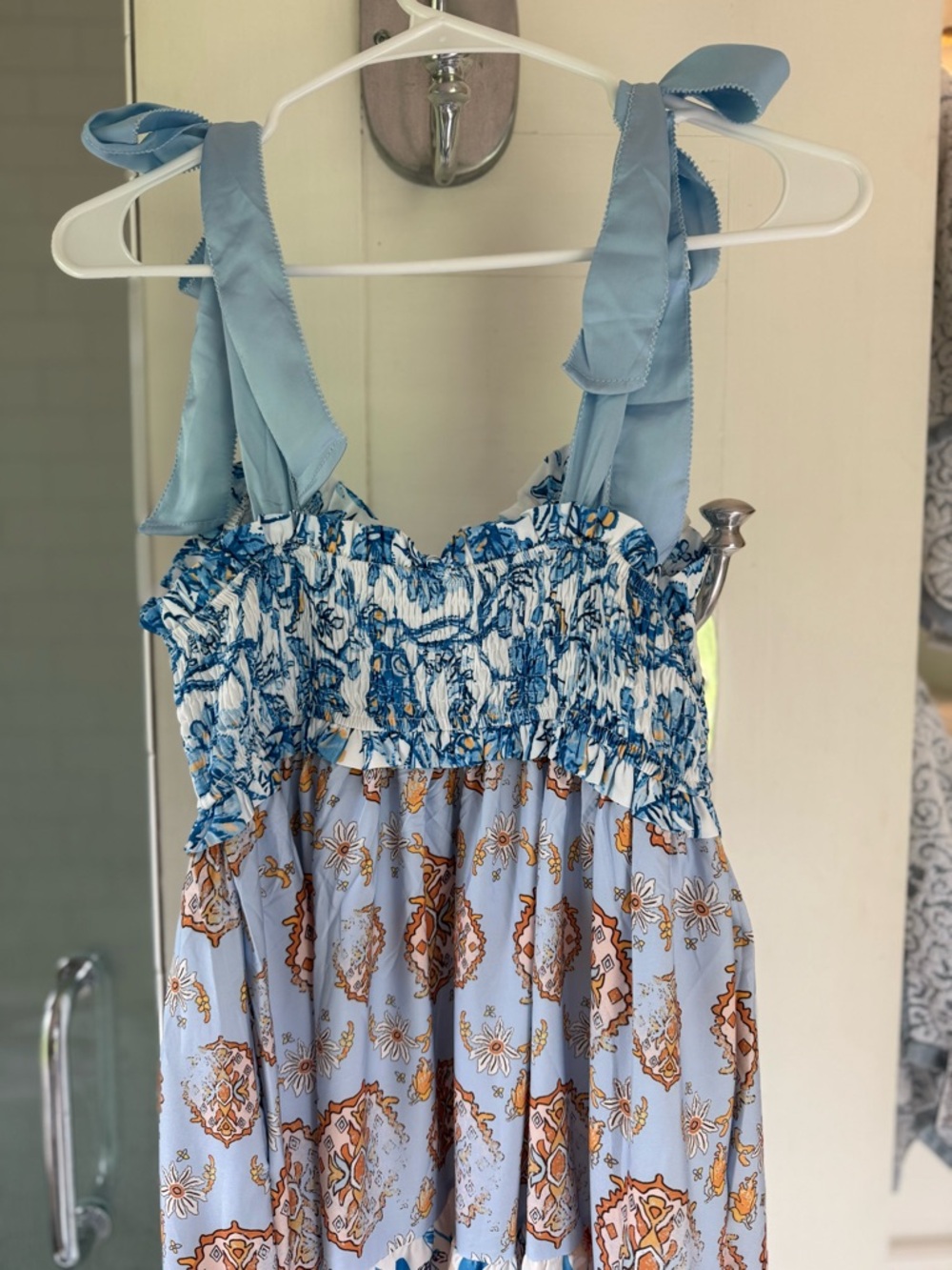 Blue & White Tiered Maxi Dress with Floral Print Bow Shoulder - Picture 5 of 6